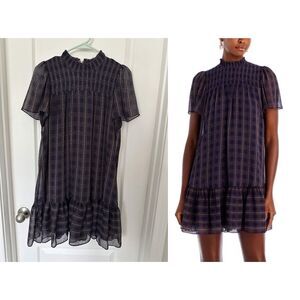 AQUA (Bloomingdale's) Smocked Plaid Ruffle Mini Shift Dress Size M